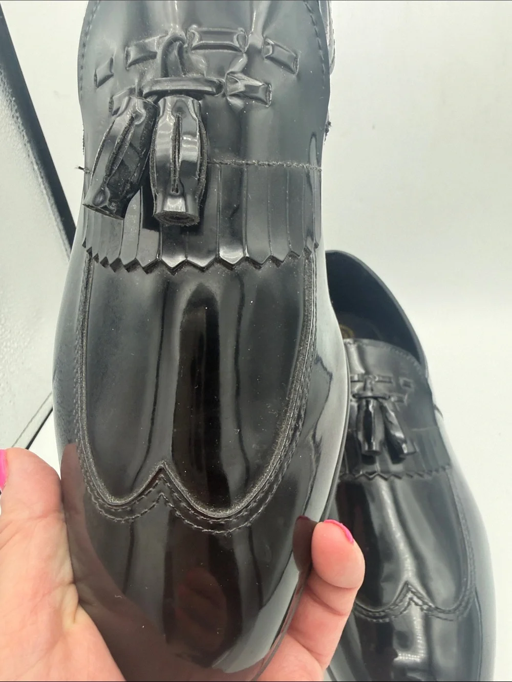 Mens Barclay black patent faux leather high polish formal slip on shoes sz 12 W